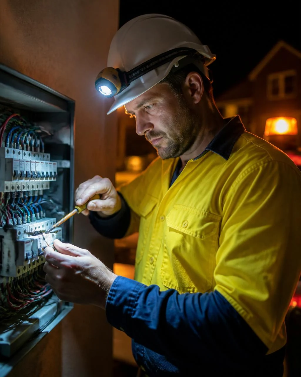 Emergency electrician working on a switchboard at night in Hawthorn East, Melbourne
